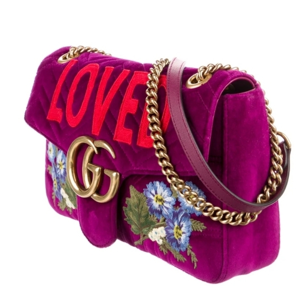 Gucci GG Marmont Velvet Matelassé Loved Embroidered Medium Shoulder Bag. - Picture 5 of 16